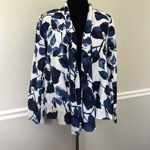 Grace Elements Blue & White Floral Linen Open Front Long Sleeve Cardigan Size 12